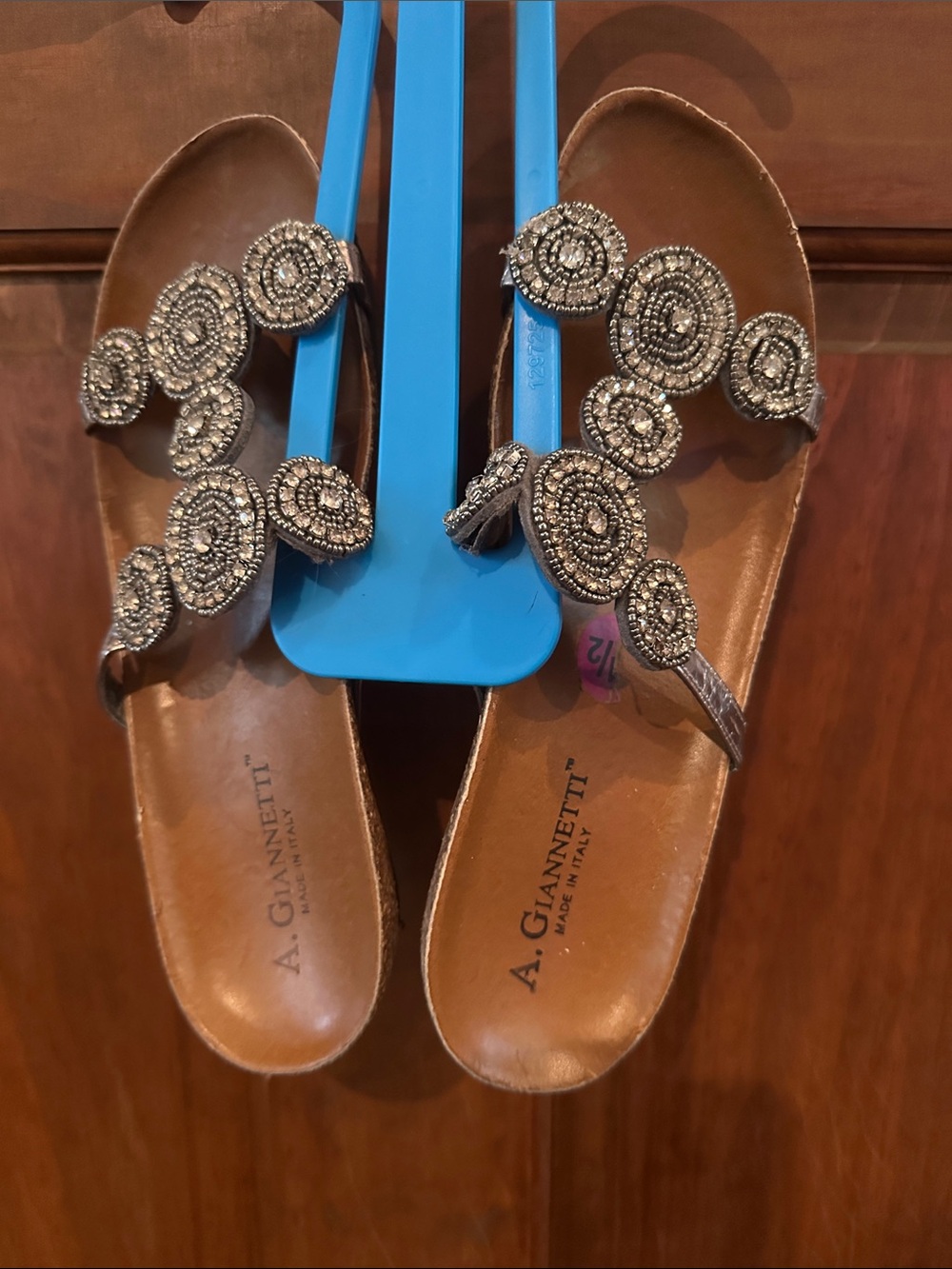 A. Giannetti Brown Beaded Leather Slip-On Sandals